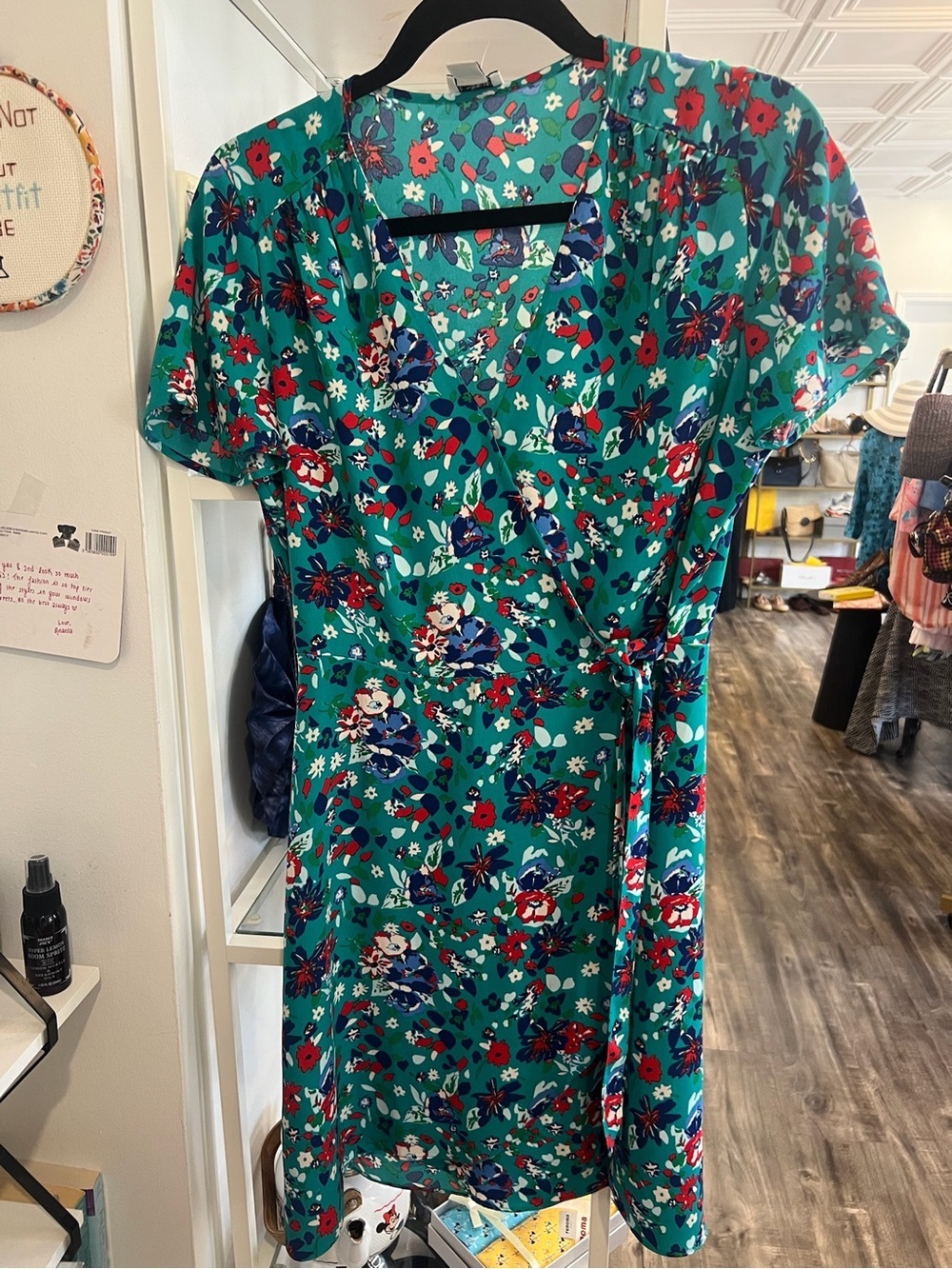 J. Crew Teal Floral Wrap Midi Dress with Red and Navy Accents